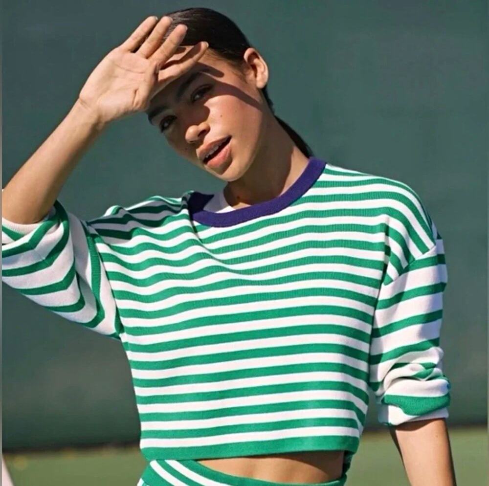 Daily Practice Striped Cropped Knit Sweater Crew Neck Long Sleeve Ribbed XS